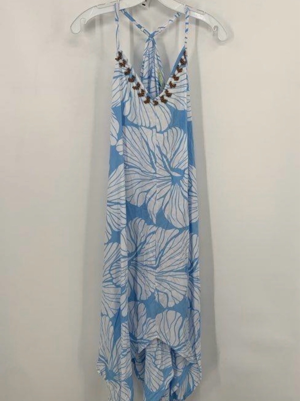 Santiki Blue & White Floral Halter Maxi Beach Dress Coverup Sz Sm